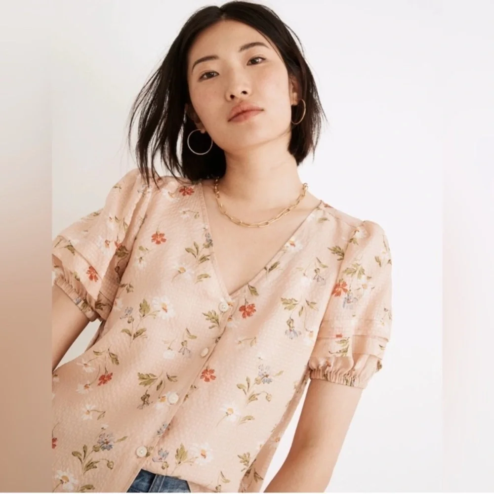 Madewell shell pink Floral silk Blouse puff short sleeves daisy print small